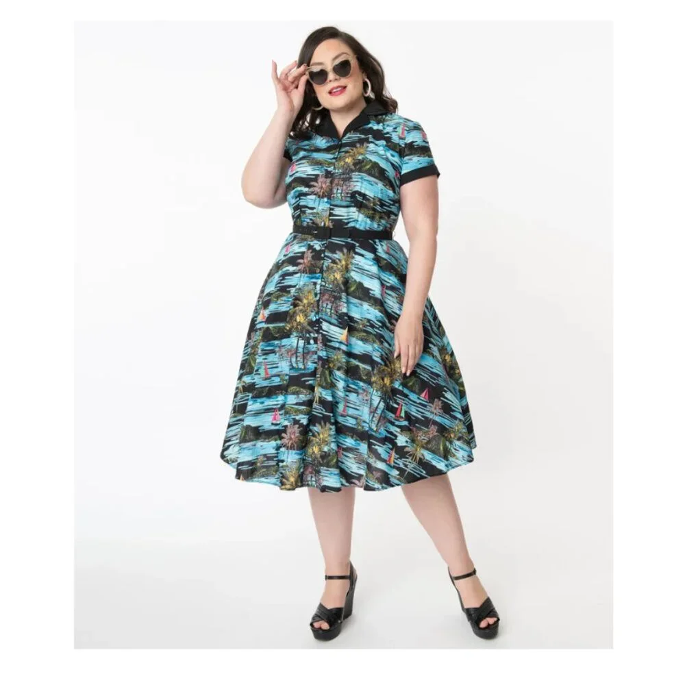 Unique Vintage Blue & Black Palm Print Print Alexis Swing Dress - 3X/20 - Picture 1 of 4